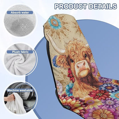 Bulopur Highland Cow Waterproof Sweat Towel Seat Cover Post-Work Running Athletic Beach Towel Machine Washable Lightweight Breathable Hippie Floral Car Interior Accessories