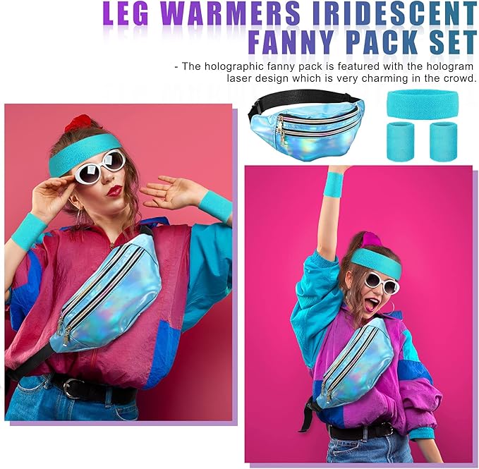SATINIOR 80s Women Workout Outfit Neon Leg Warmer Headband Wristbands Fanny Pack Set 80s Accessories for Yoga Running
