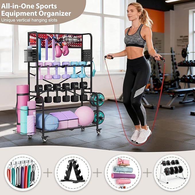 Home Gym Storage Rack with Wheels, Dual-Row & Heavy-Duty Dumbbell Rack and Yoga Mat Storage, Space-Saving Vertical Gym Equipment Storage Stand for Home Gym Accessories