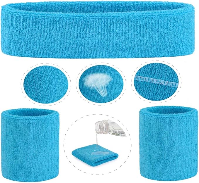 ONUPGO Sweatband Set Sports Headband Wristband Set Sweatbands Terry Cloth Wristband Wrist Sweatband Headbands Moisture Wicking Sweat Absorbing Head Band