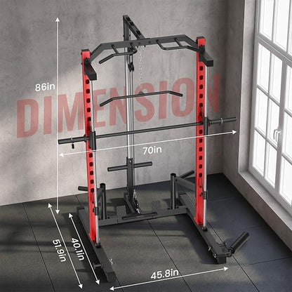 OPPSDECOR Smith Machine Power Rack for Home Gym - All-in-One Power Cage Squat Rack with LAT Pulldown, Cable Machine & Barbell Bar - Multi-Functional Strength Training Equipment