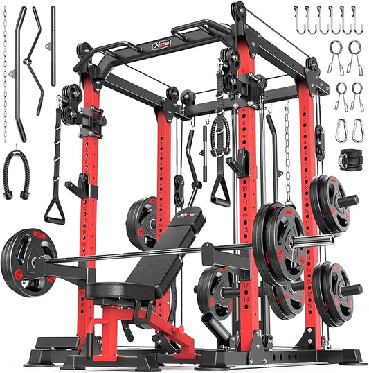 Power Rack Power Cage Multi-Function Squat Rack with Cable Crossover System Selectable More Training Attachment Power Rack for Garage & Home Gym