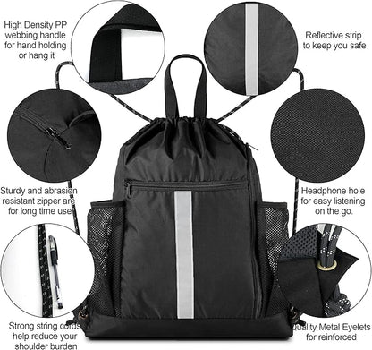 BeeGreen Drawstring Backpack Bag Sports Gym Backpack with Shoe Compartment and Two Water Bottle Holder for Men Women Large String Backpack Athletic Sackpack Workbag Black