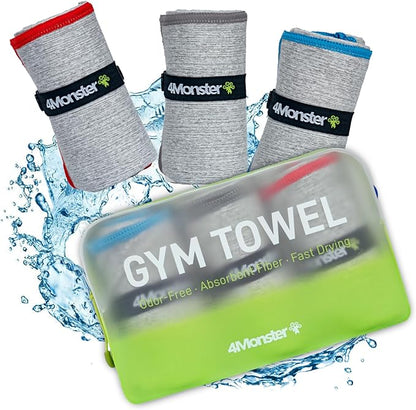 4Monster Microfiber Gym & Travel Towel Set, Quick Dry Camping Towel, Ultra Soft Absorbent Workout Towel for Beach, Pool & Shower (Blue & Gray & Red, 3)