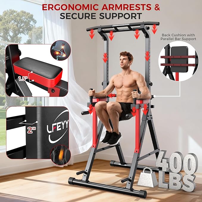 Power Tower Pull Up Bar Free Standing - 13-Level Adjustable Height Dip Station with X-Frame Stability, Multi-Grip Handles, Backrest, Anti-Slip Foot Pads - Home Gym Strength Training Equipment 400LBS