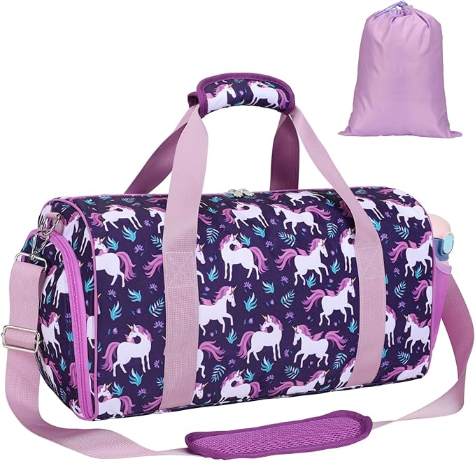 Bagseri Dance Bag for Girls - Kids Duffle with Shoe Compartment, Gymnastics Tote for Sleepover Travel with Water Resistant Wet Pocket (Deep Purple Unicorn)
