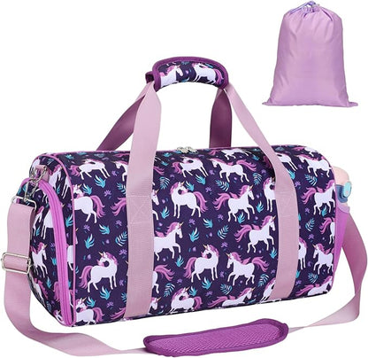 Bagseri Dance Bag for Girls - Kids Duffle with Shoe Compartment, Gymnastics Tote for Sleepover Travel with Water Resistant Wet Pocket (Deep Purple Unicorn)