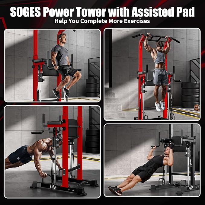 soges Power Tower Dip Station with Assisted Pad, Height Adjustable Pull Up Bar Station Free Standing for Home Gym, Multi-Function Strength Training Full Body Workout Equipment, Red