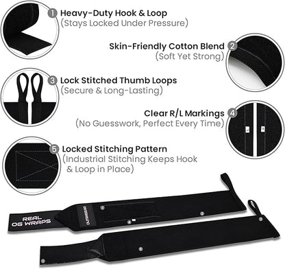 18" OG-Grade Wrist Wraps for Weightlifting – Heavy Duty Wrist Support with Thumb Loop & Lockdown Strap – Wrist Straps for Powerlifting, Bench Press & Gym Training