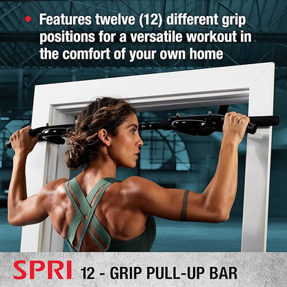 SPRI Pull Up Bar - 8-Grip and 12-Grip Door Frame Mounting Pull-Up Bar for Versatile Workouts - Rugged Steel Frame with Foam Handles - Supports 300 Pounds - Fits Door Frames Up to 32 in. Wide – Black