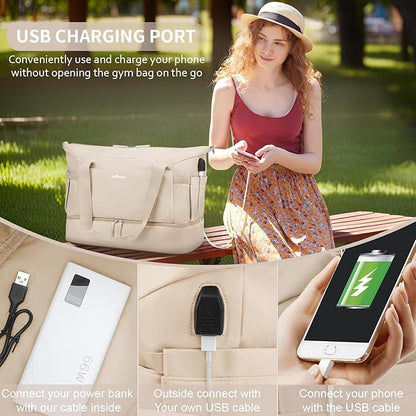 ETRONIK Gym Bag for Women, 45L Carry On Travel Duffel Bag with Shoes Compartment, Weekender Overnight Bag with Wet Pocket & USB Charging Port for Women, Travel, Gym, Weekend, Large Size (Beige)
