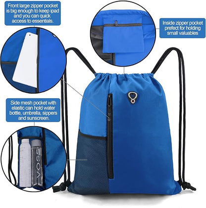 BeeGreen Royalblue Draw Strap Backpack For Men With Water Bottle Pocket &Front Zippered Pocket Large String Bags For Traveling Yoga Beach Outdoor Gym