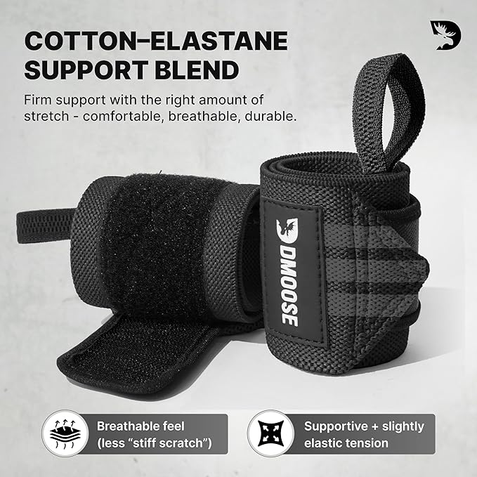 DMoose Fitness Wrist Wraps for Weightlifting 18" - Heavy Duty Gym Wrap with Hand Thumb Loop for Support & Pain Relief, USPA Approved Powerlifting, Weight Lifting Wrist Straps for Men & Women Work Out