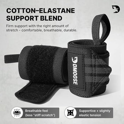 DMoose Fitness Wrist Wraps for Weightlifting 18" - Heavy Duty Gym Wrap with Hand Thumb Loop for Support & Pain Relief, USPA Approved Powerlifting, Weight Lifting Wrist Straps for Men & Women Work Out