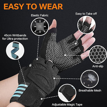 Workout Gloves for Men and Women,Ventilated Weight Lifting Gym Gloves with Wrist Wrap Support,for Weightlifting,Full Palm Protection,Training,Fitness,Hanging, black