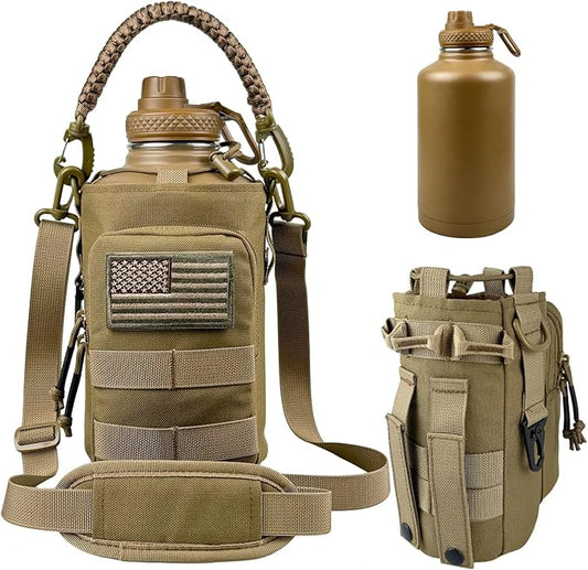 Half Gallon Water Bottle with Sleeve - 64 oz Stainless Steel Insulated Water Jug with Handle Wide Mouth Gym Water Bottles for Men Sports Workout Hiking Camping with Military Pouch Khaki
