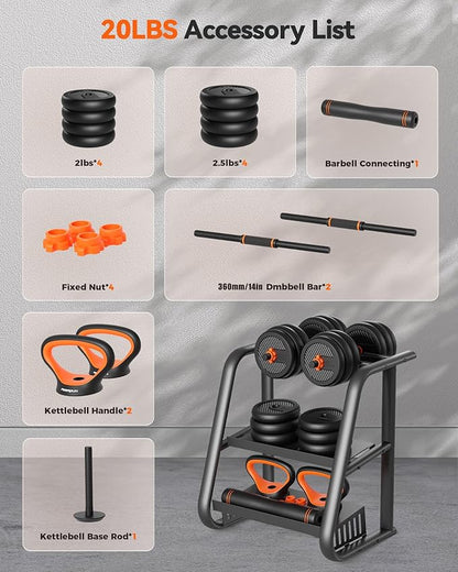 FEIERDUN Adjustable Dumbbells, 20/30/40/45/70/90lbs Free Weight Set with Connector, 5 in1 Dumbbells Set Used as Barbell, Kettlebells, Push up Stand, Weight Plate, Fitness Exercises for Home Gym Suitable Men/Women