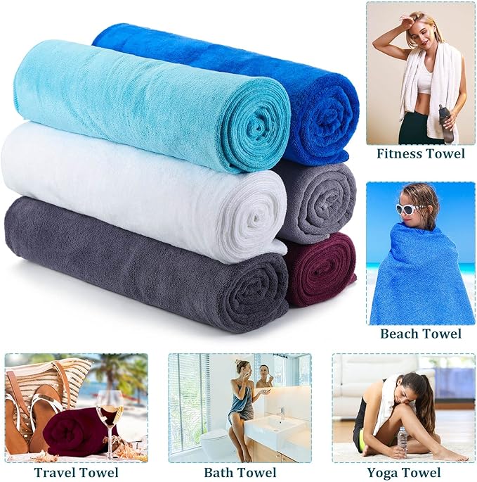 Tegeme 6 Pcs Microfiber Bath Towel Set 30 x 60 Bath Towel, Quick Drying, Oversized, Soft, Absorbent Sweat, Large Fitness Towels for Beach Bathroom, Sports, Yoga, Pool, Gym, Men & Women (Multicolor)
