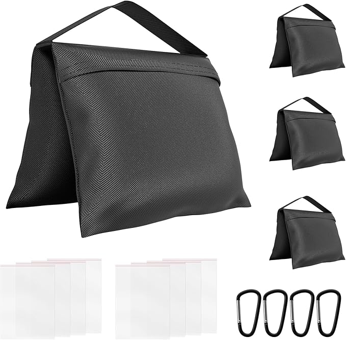 4 Pack Sandbags with 8 Bags & 4 Hooks, Heavy Duty Weight Bags for Stabilizing Stands, Photo Studio Equipment, Tripod, Backdrop Support, Canopy, Tent Base (Empty Sand Bags)