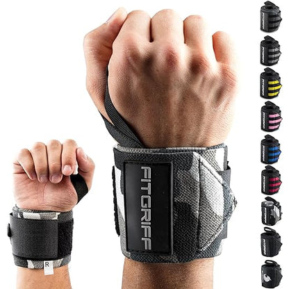 Fitgriff® Wrist Wraps for Weightlifting (18") Heavy-Duty Support for Gym, Bench Press, and Pushups (1 Pair) - for Men and Women (Grey-Camo)