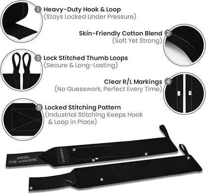 18" OG-Grade Wrist Wraps for Weightlifting – Heavy Duty Wrist Support with Thumb Loop & Lockdown Strap – Wrist Straps for Powerlifting, Bench Press & Gym Training