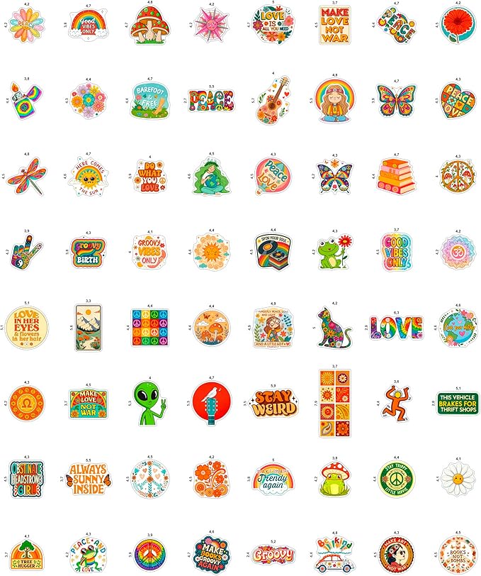 100Pcs Hippie Stickers for Phones, Water Bottles, Groovy Stickers Bulk for Laptop, for Water Bottle - Hippie Gifts, Party Supplies & Decoration - Gift for Women & Men