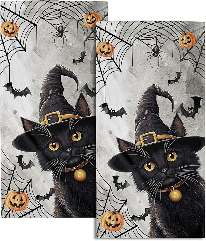Halloween Kitchen Tea Dish Towels 2 Pack Black Witch Hat Cat Hand Towel Soft Happy Halloween Soft Absorbent Face Towels Holiday Decorative Fingertip Towels for Home Bath Hotel Spa Washcloths 28x14inch