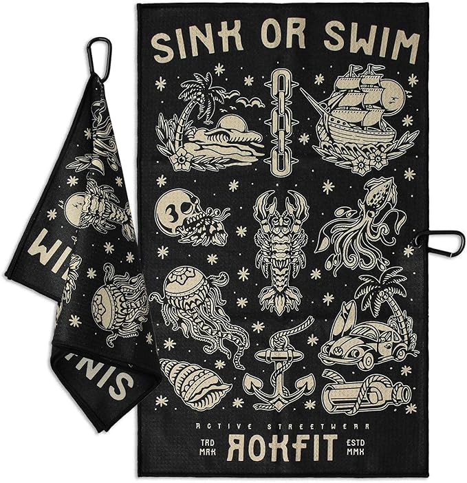 RokFit Gym & Golf Towel – Multi-Use, Quick-Dry, Durable Utility Towel with Bold Graphic and Carabiner Clip (Sink Or Swim)