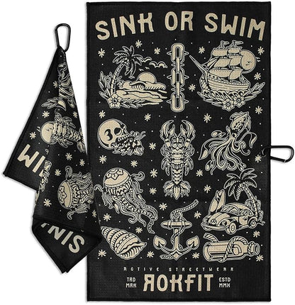RokFit Gym & Golf Towel – Multi-Use, Quick-Dry, Durable Utility Towel with Bold Graphic and Carabiner Clip (Sink Or Swim)