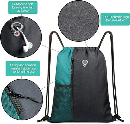 Drawstring Backpack Sports Gym Bag for Women Men Large Lightweight Backpack with Zipper and Water Bottle Mesh Pockets (Black/Teal)