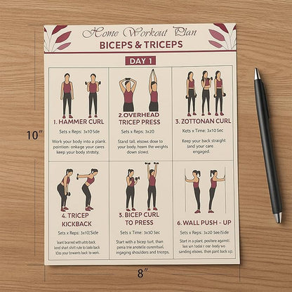 6-Pack Dumbbell Workout Posters for Beginners | Home Fitness Plan with Daily Exercise Routines for Weight Loss & Muscle Tone, Strength & Flexibility | Cycle Through Daily Guided Workouts | 8x10 Inch Charts (Red)
