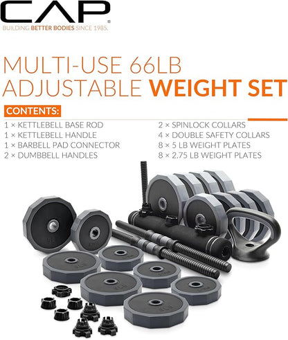 CAP Barbell Multi-Use Adjustable Weight Set - Versatile Dumbbell, Barbell & Kettlebell for Full-Body Workouts | 45lb and 66lb options