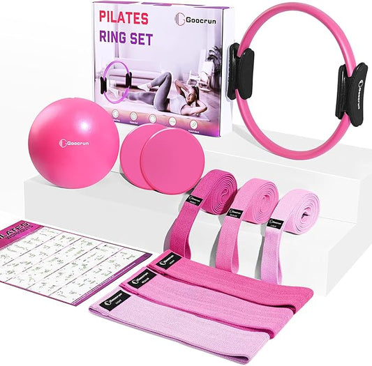 Pilates Ring Set Exercise Equipment, with Exercise Resistance Bands Set, Pilates Ball, Sliding Disks. Portable Home Gym - with Fitness Guide Poster