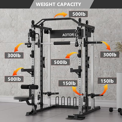 Smith Machine Strength Training Squat Rack with Smith Bar, Power Cage with LAT Pull-Down Systems, Cable Crossover Machine for Home Gym