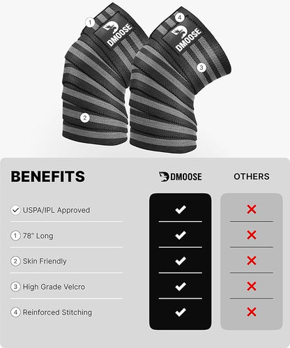 DMoose Fitness Knee Sleeves for Weightlifting (Pair) 78” Knee Wraps for Joint Support, Squats & Powerlifting - Gym Brace Straps for Joint Stability & Pain Relief, USPA & IPL Approved for Men and Women
