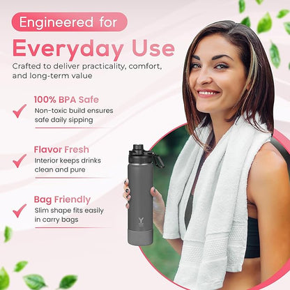 Y TOP 24oz Insulated Water Bottle Leak Proof Spout Lid Fits in Car Cup Holder – Double Wall Dishwasher Safe Easy Clean stainless steel drinking water bottle for Gym Kids Sports Travel Hiking School