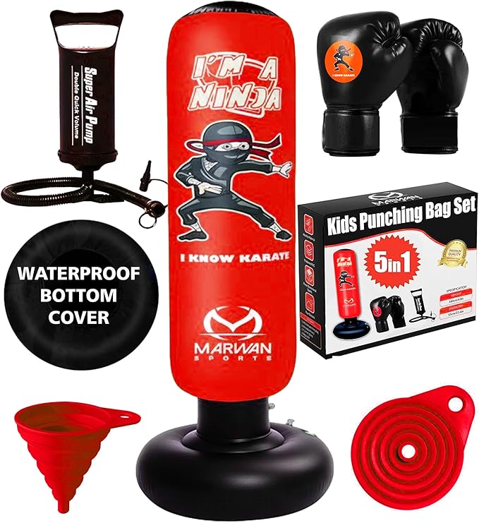 Marwan Sports Punching Bag for Kids with Boxing Gloves Ages 4-12 – 63" Inflatable Boxing Bag for Kids, Fast Rebound Set, Christmas & Birthday Gift for Boys & Girls