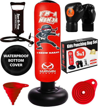 Marwan Sports Punching Bag for Kids with Boxing Gloves Ages 4-12 – 63" Inflatable Boxing Bag for Kids, Fast Rebound Set, Christmas & Birthday Gift for Boys & Girls