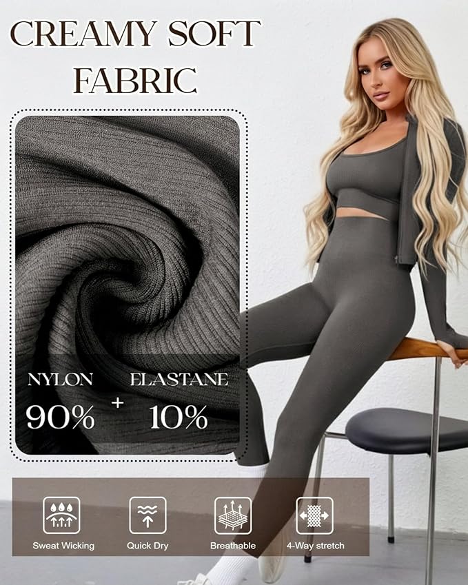 Women 3 Piece Seamless Workout Set Sports Bra High Waisted Gym Yoga Leggings Zip Up Jacket with Thumbhole Activewear