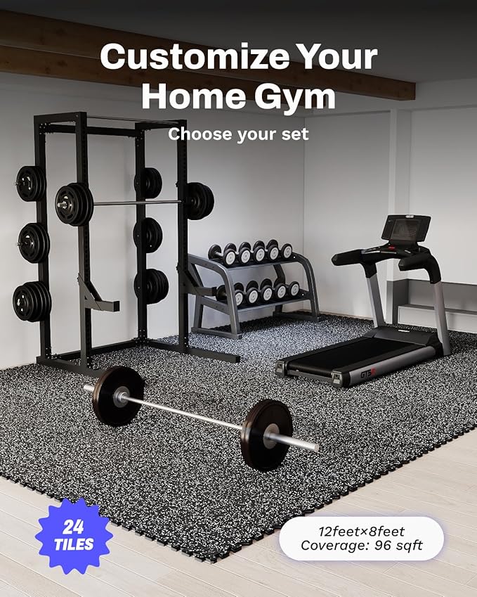 AIRHOP 0.56in Thick 96 Sq Ft Exercise Equipment Mats, 24 Tiles Upgraded Rubber Top with High Density EVA Foam, Large Interlocking Puzzle Gym Flooring for Home Gym, Heavy Weight Workout, 24 x 24in