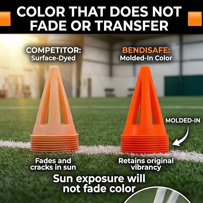 Soccer Training Cones Set of 12 - Flexible Agility Marker Cones for Soccer, Football & Basketball Drills- 9” Tall with 6” Base – High Visibility Orange Field Marker Cones - Made in USA - BendiSafe