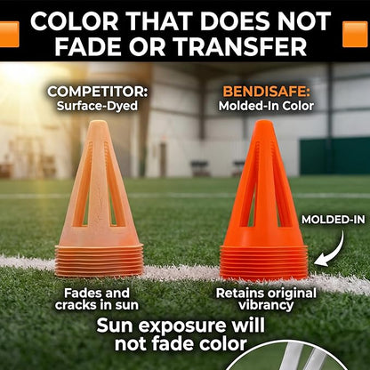Soccer Training Cones Set of 12 - Flexible Agility Marker Cones for Soccer, Football & Basketball Drills- 9” Tall with 6” Base – High Visibility Orange Field Marker Cones - Made in USA - BendiSafe