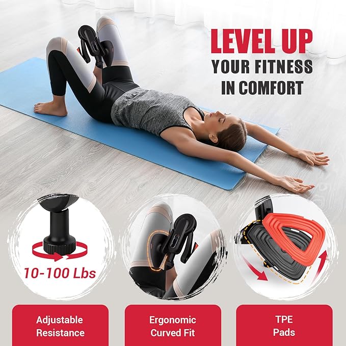 Thigh Trainer for Women, 10-100lb Adjustable Resistance Inner Thigh Exerciser with Leg Band & Poster for Kegel Exercise, Pelvic Floor Trainer for Postpartum Rehabilitation Home Gym