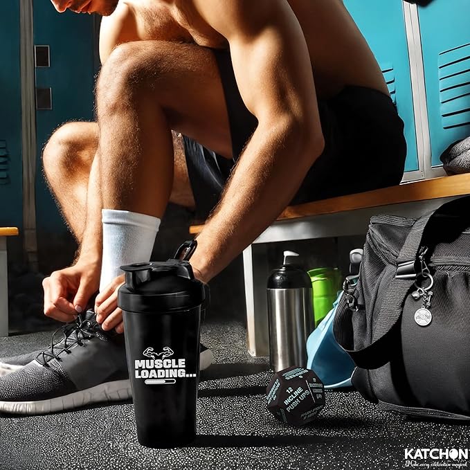 KatchOn, Fitness Gift Set – Pack of 4 | Gym Accessories for Men, with Exercise Dice | Valentine Gifts for Him | Workout Gifts for Men, Pre Workout Shaker, Dice and Dumble Keychains