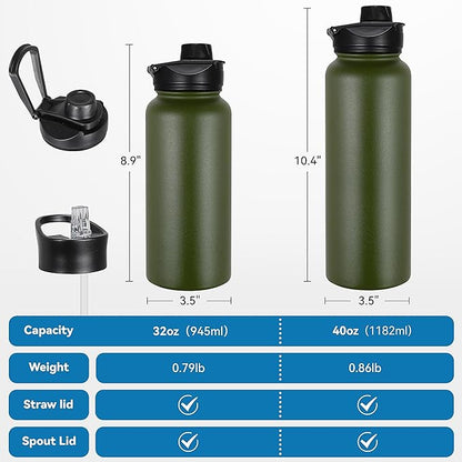 VEGOND 32 oz Insulated Water Bottle Bulk Stainless Steel Metal Water Bottles with Leak Proof Straw Lid & Spout Lid, Wide Mouth Double Walled Vacuum Travel Sports Bottle, 4 Pack