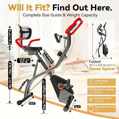 Foldable Exercise Bike Stationary Bikes for Home, 5 IN 1 Indoor Workout Bike, Cycling Bike with 16-Level Quiet Magnetic Resistance, 6.6 LBS Flywheel and 300LBS Capacity for Senior and Home Workout
