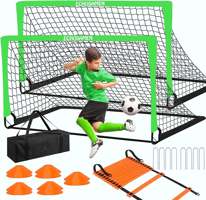 Kids Soccer Goals for Backyard, 2 of 6 x 4 ft Kids Soccer Goal Set Soccer Net with 10 Soccer Cones, Agility Ladder & Carry Bag, Portable Soccer Training Equipment.