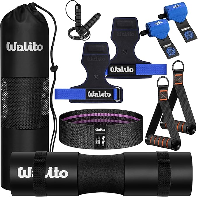 WALITO Barbell Squat Pad Set for Women, 10 Pcs Hip Thrust Gym Equipment with Exercise Handles, Wrist Wraps, Lifting Straps, Booty Band & Jump Rope, Portable Cable Machine Attachments