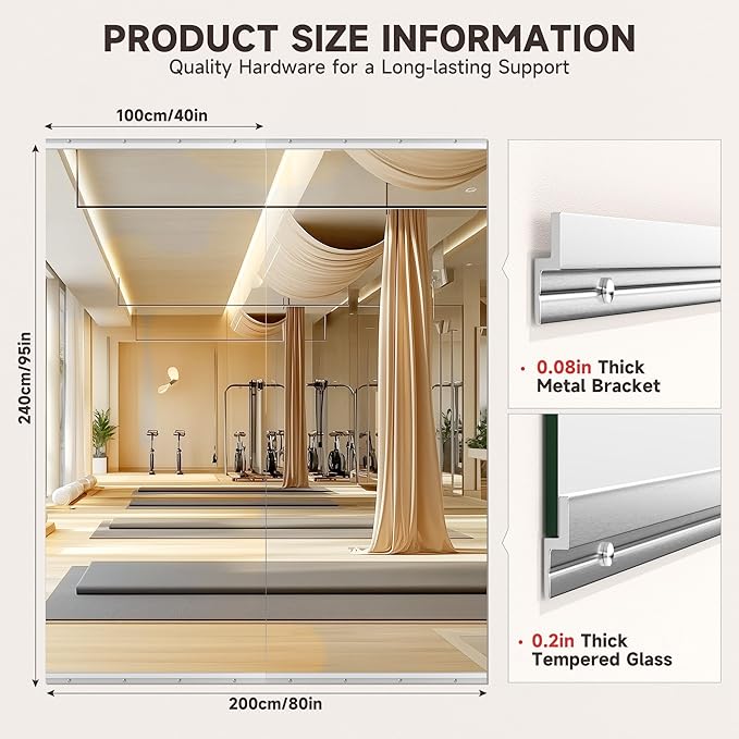 95"x40" 2 Pack Extra Large Home Gym Mirror Set, Full Body Wall Mounted Fitness Mirrors, 4MM Professional Grade Tempered Glass with Complete Installation Kit