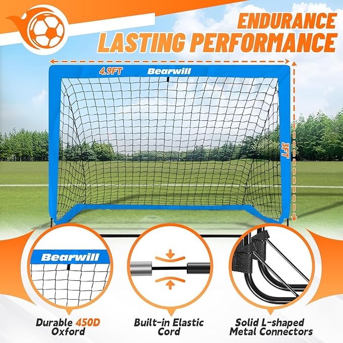 Bearwill Soccer Goal, Kids Soccer Goals for Backyard Set of 2, 4x3ft Portable Soccer Goal Pop Up Soccer Net, Kids Soccer Net Training Equipment with Soccer Ball, Ladder, Cones, Targets
